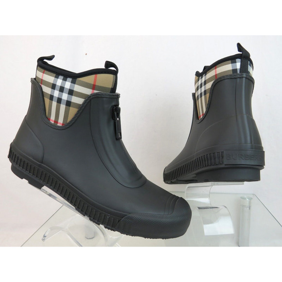 BURBERRY FLINTON BLACK RUBBER BEIGE CHECK SOCK LOGO ANKLE RAIN BOOTS US 11 EU 41 - Picture 2 of 14